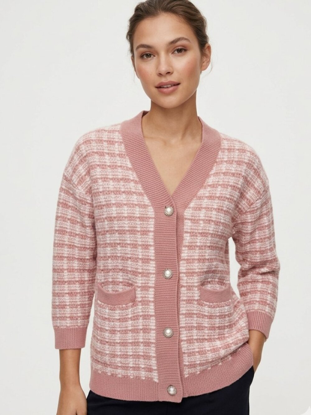 Aritzia Babaton Lacer 100% Merino Wool Cardigan Dusty Rose Pink Plaid Small